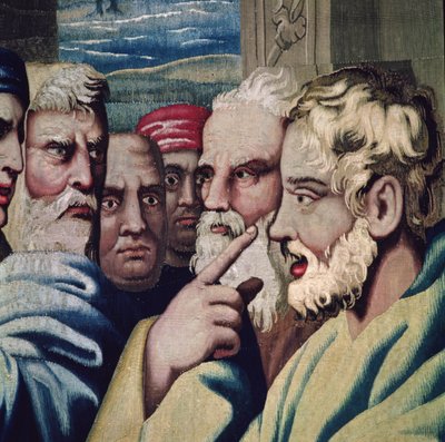 Arazzo raffigurante gli Atti degli Apostoli, la cecità di Elimas (dettaglio) spettatori stupiti, tessuto presso il Laboratorio di Beauvais sotto la direzione di Philippe Behagle 1641-1705, 1695-98 da Raffaello Sanzio Raphael